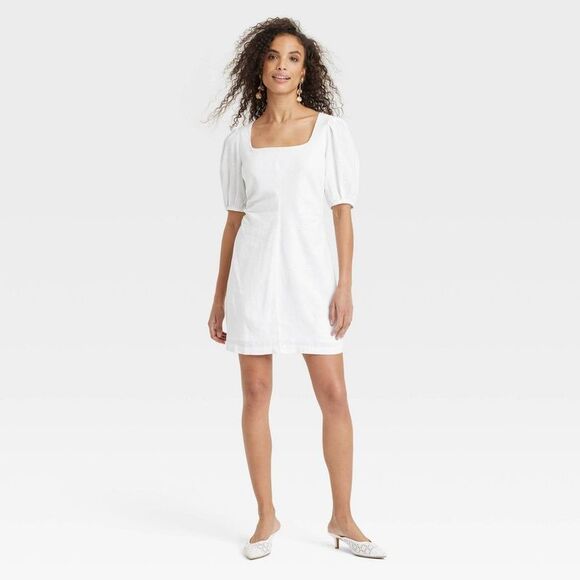 A New Day - Women's Linen Short Sleeve Mini Sundress - A New D White - Picture 1 of 3